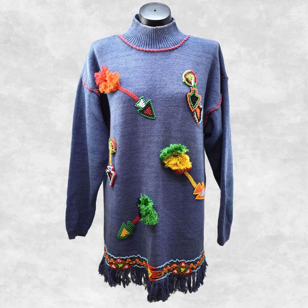 Blue Fringed Beaded Pullover Sweater Women's L Native American Victoria Jones